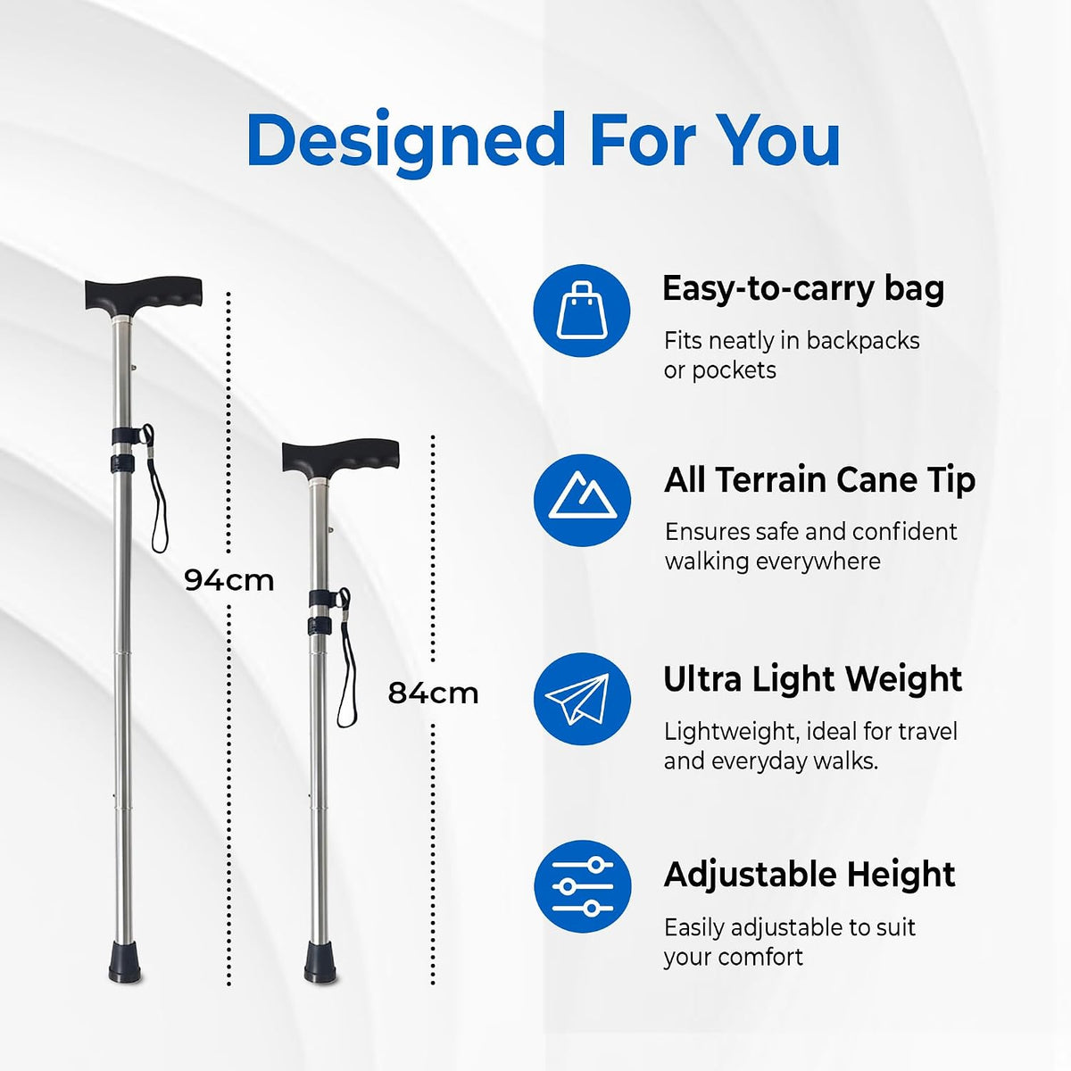 Healthcare Folding Walking Stick, Adjustable Aluminium Cane, Silver